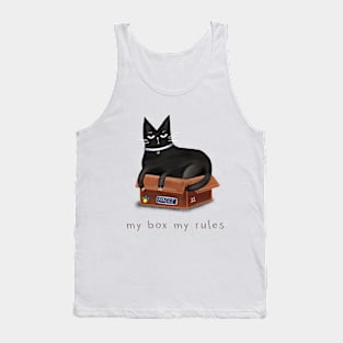 Cartoon black cat in a box and the inscription "My box - my rules". Tank Top